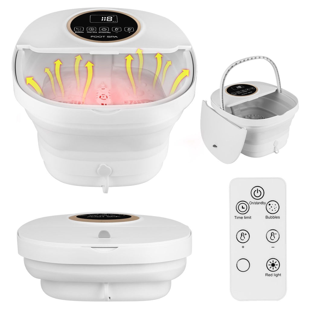 Collapsible Foot Spa Massager Electric Foldable Foot Soaker Tub with Remote Control Handle Surfing Bubbles 24 Heating Levels 6 Timer 6 Massage Rollers 48 Simulated Pebbles Pill Box Upgrade Type