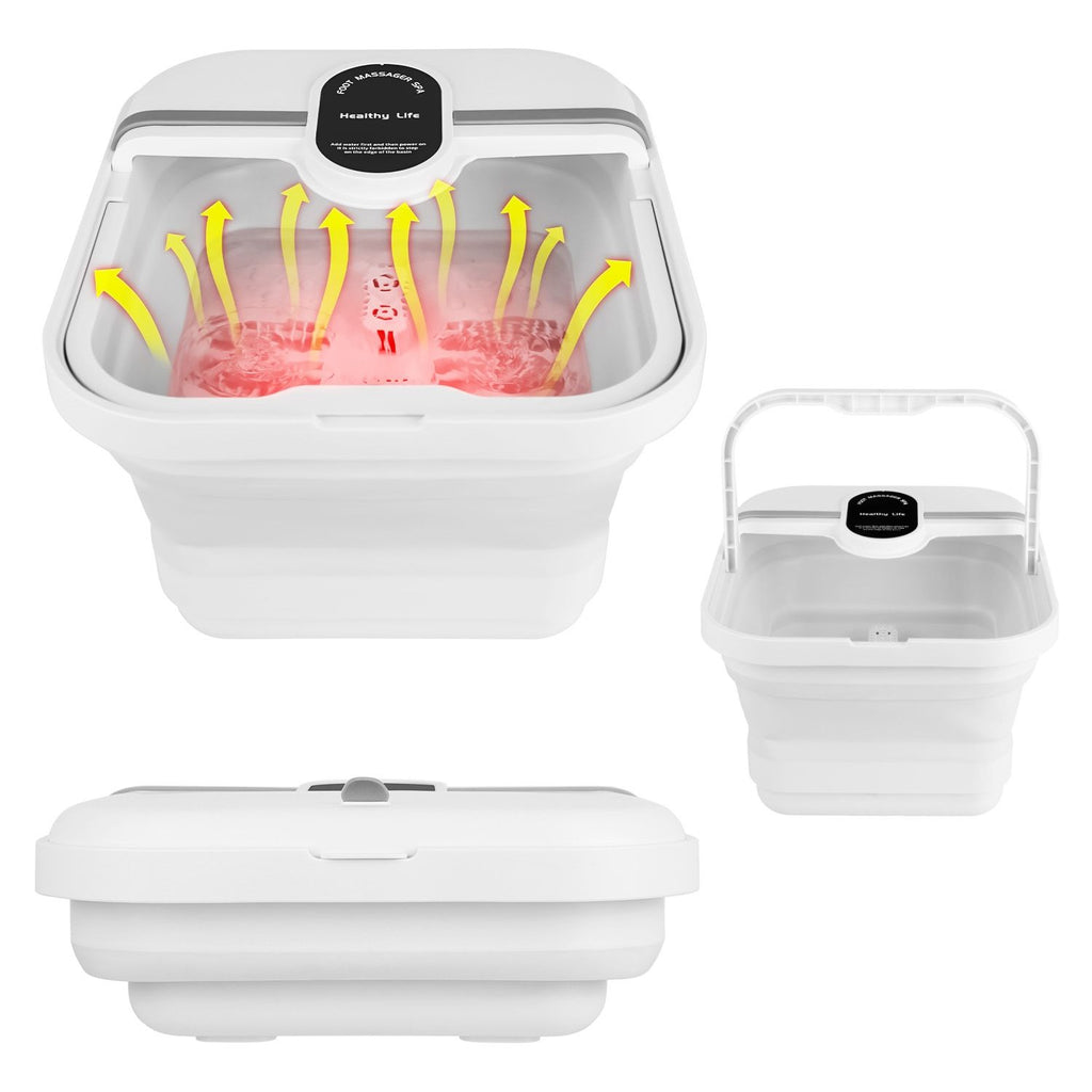 Collapsible Foot Spa Massager Electric Foot Soaker Tub Foldable Foot Spa Tub with Heating Function Handle 8Pcs Massage Rollers 44Pcs Simulated Pebbles Pill Box