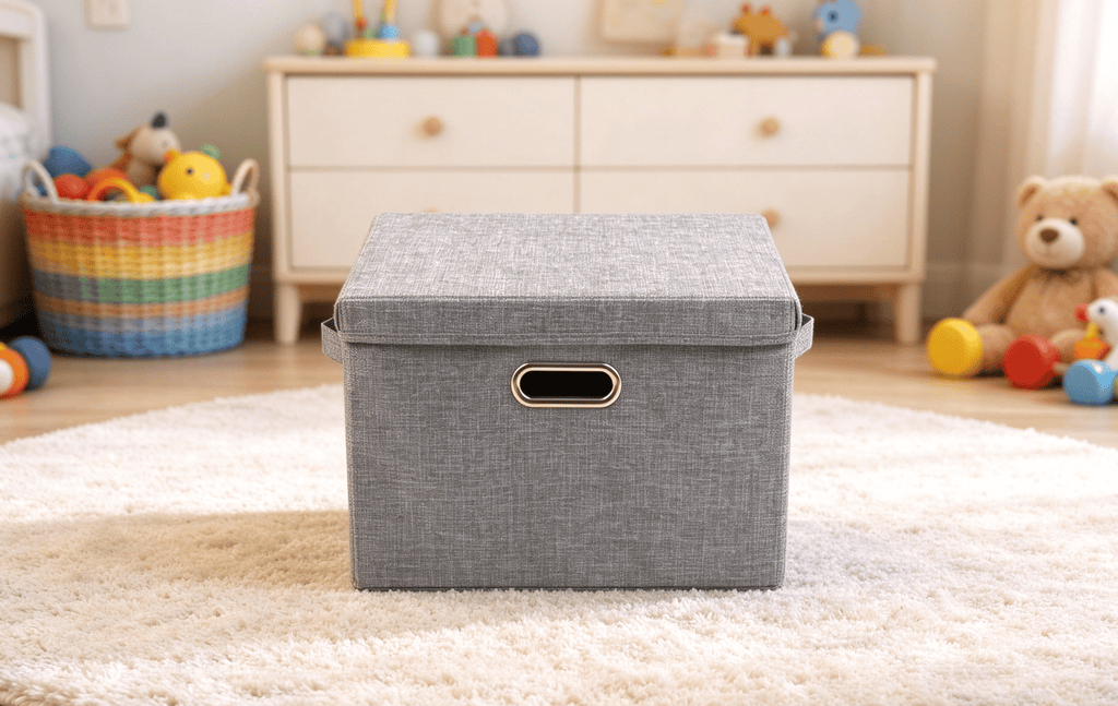 Collapsible Linen Fabric Storage Box with Lid, Foldable Home Organizer for Toys, Clothes and Closet