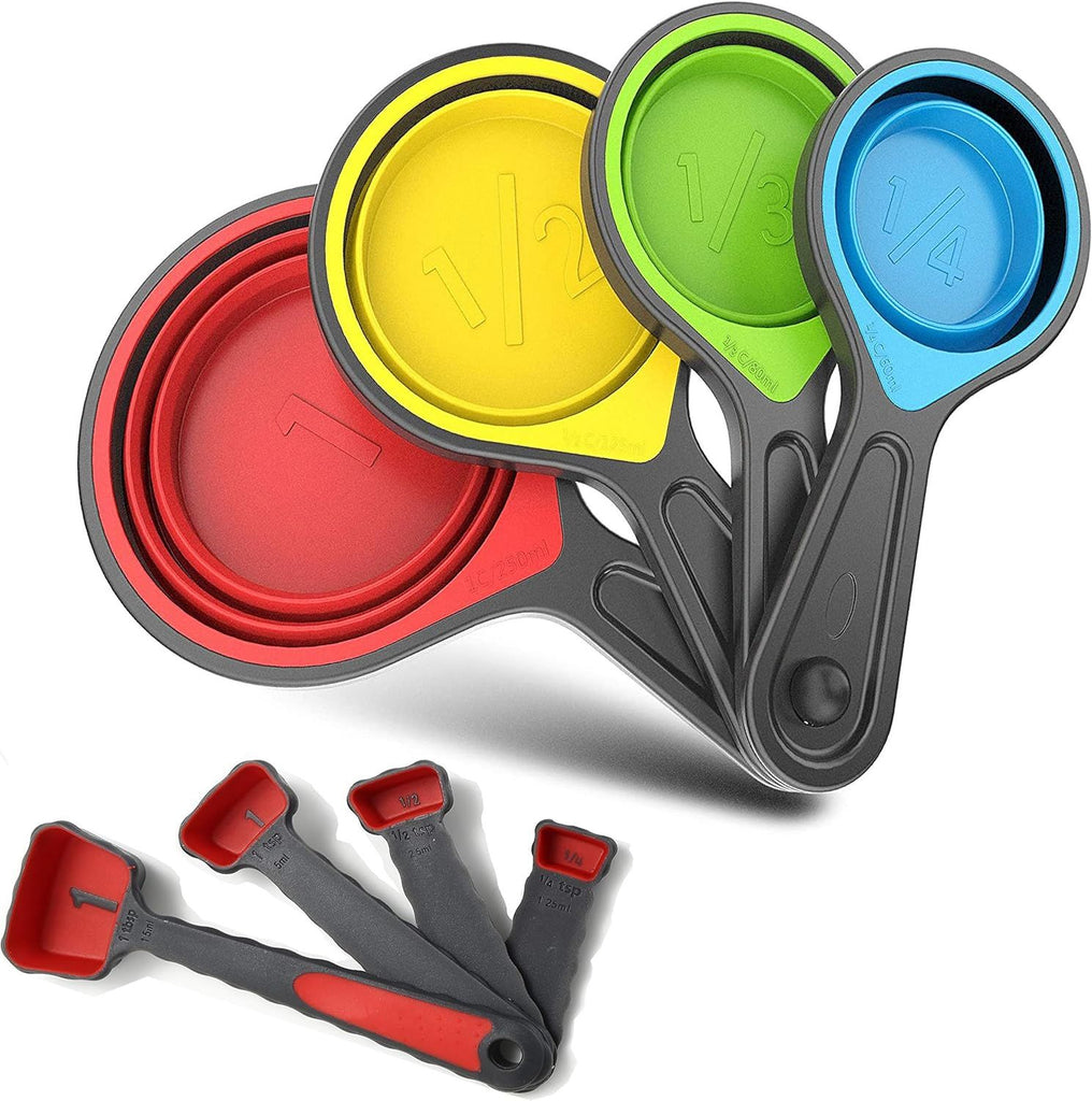 Collapsible Silicone Soft Measuring Cups and Measuring Spoons 8 pieces Portable Food Grade Silicone Measurement Cup for Liquid  Dry Measuring Baking Utensils  Travel Measuring Cup space saver