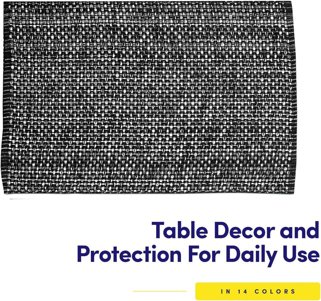 Collection 100% Cotton Placemats for Dining Room Rectangle Two Tone Woven Fabric 13" x 19" Soft Durable Table Mat Set, Set of 6, Black