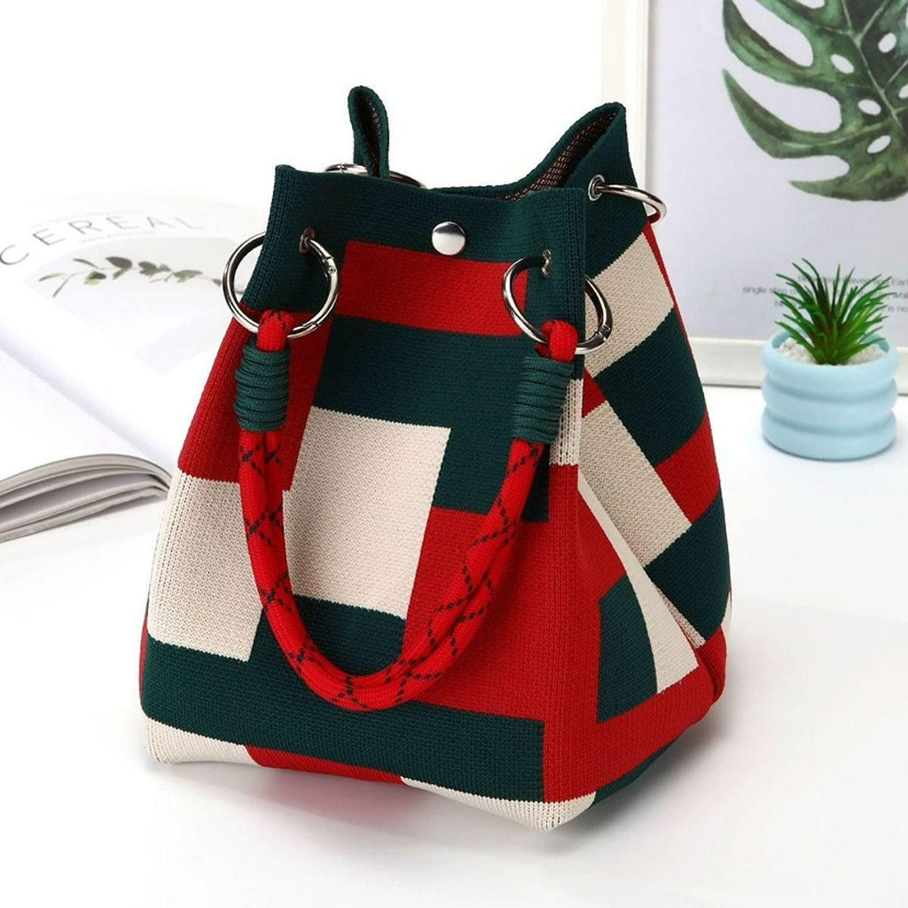 Color Block Knit Tote Bag, Women's Woven Bucket Handbag with Rope Handle, Reusable Shoulder Bag for Daily Use