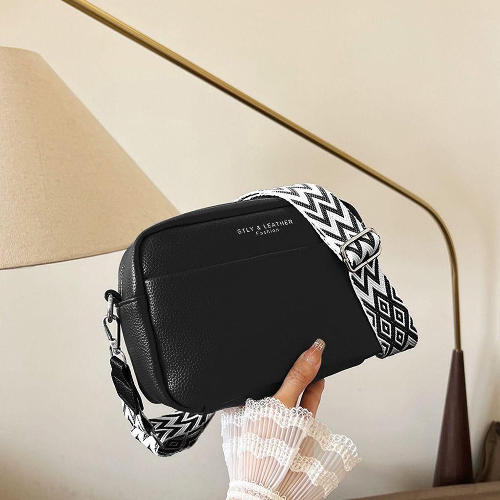 Color-Contrast Crossbody Mini Square Bag with Wide Webbing Strap, Minimalist Lychee-Grain Leather Camera Bag, Versatile Casual Single-Shoulder Mini Purse