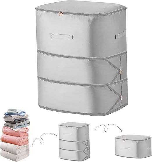 Comforter Self Compression Storage Bags, Large Capacity Blanket Storage Bags with Zipper 3-Layer Ultra Space Saving Organizer, Washable Bags, Grey