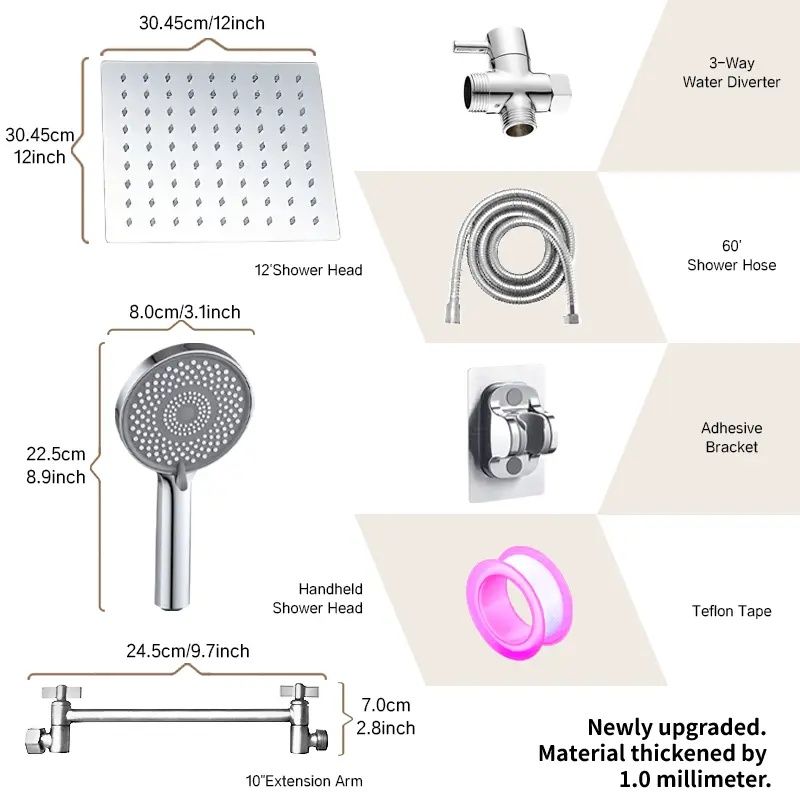 Commercial-Grade Shower Set - 12-inch Square Head with Water-Saving Technology & Handheld Option