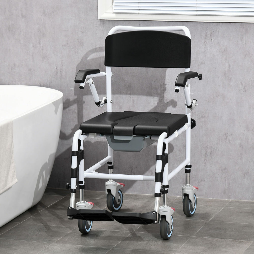 Commode Wheelchair, Rolling Shower Wheelchair with Wheels, Rectangle Detachable Bucket & Waterproof Design, 300 lbs