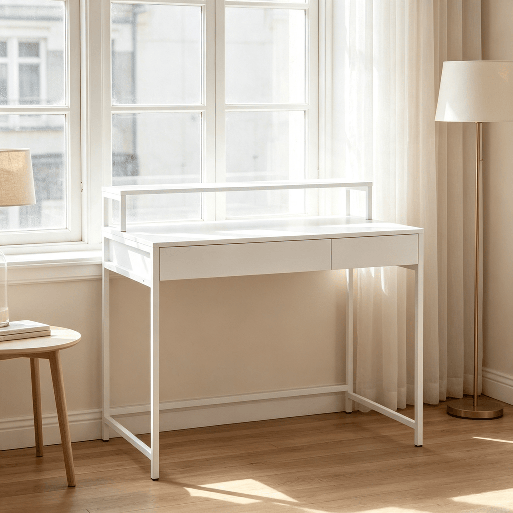 Compact Office Desk Featuring a Removable Monitor Shelf And Dual-use Drawer for Efficient Space Utilization
