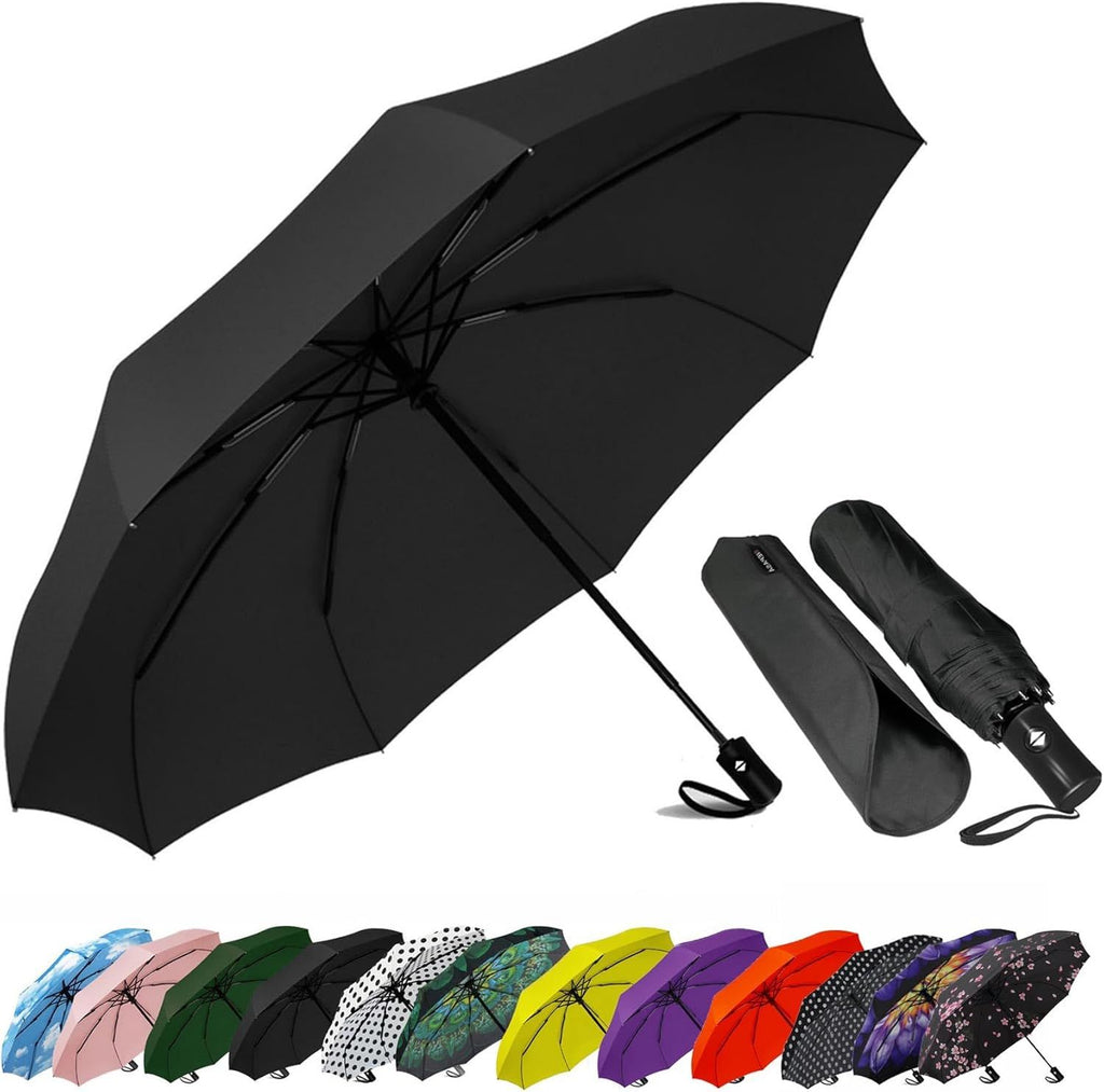 Compact Travel Umbrella - Windproof Auto Open/Close, Small Folding Umbrella for Rain - Lightweight & Durable with Fiberglass Frame, Waterproof Canopy - Fits Backpack, Purse, Suitcase. (Black)