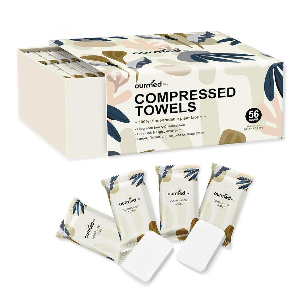 Compressed Towel Tablets – Portable, Individually Wrapped Disposable Face Towels, Quickly Expand with Water, Soft & Lint-Free, 12''x10'' for Travel, Camping, Hiking, Backpacking (56 Count)