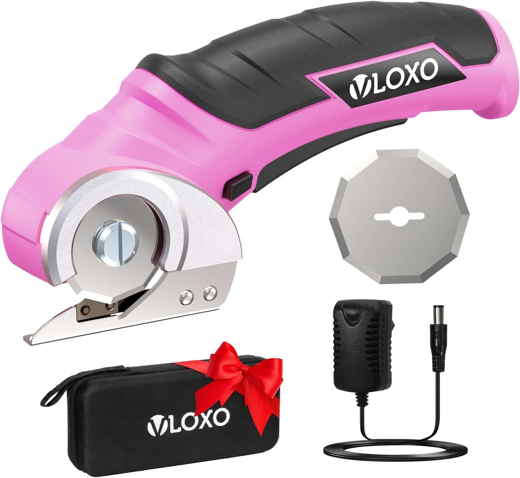 Cordless Electric Scissors, Rechargeable Rotary Cutter for Cardboard Leather Fabric Plastic Canvas with Safety Lock, Multi-Purpose Cutting Tool with Replacement Blades and Charger (Pink)