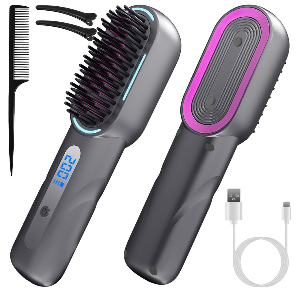 Cordless Hair Straightener Brush Rechargeable Mini Styling Comb with 4 Heating Levels Blue Light Sterilization Single press Stray Hair Removal 20Mins Auto-off