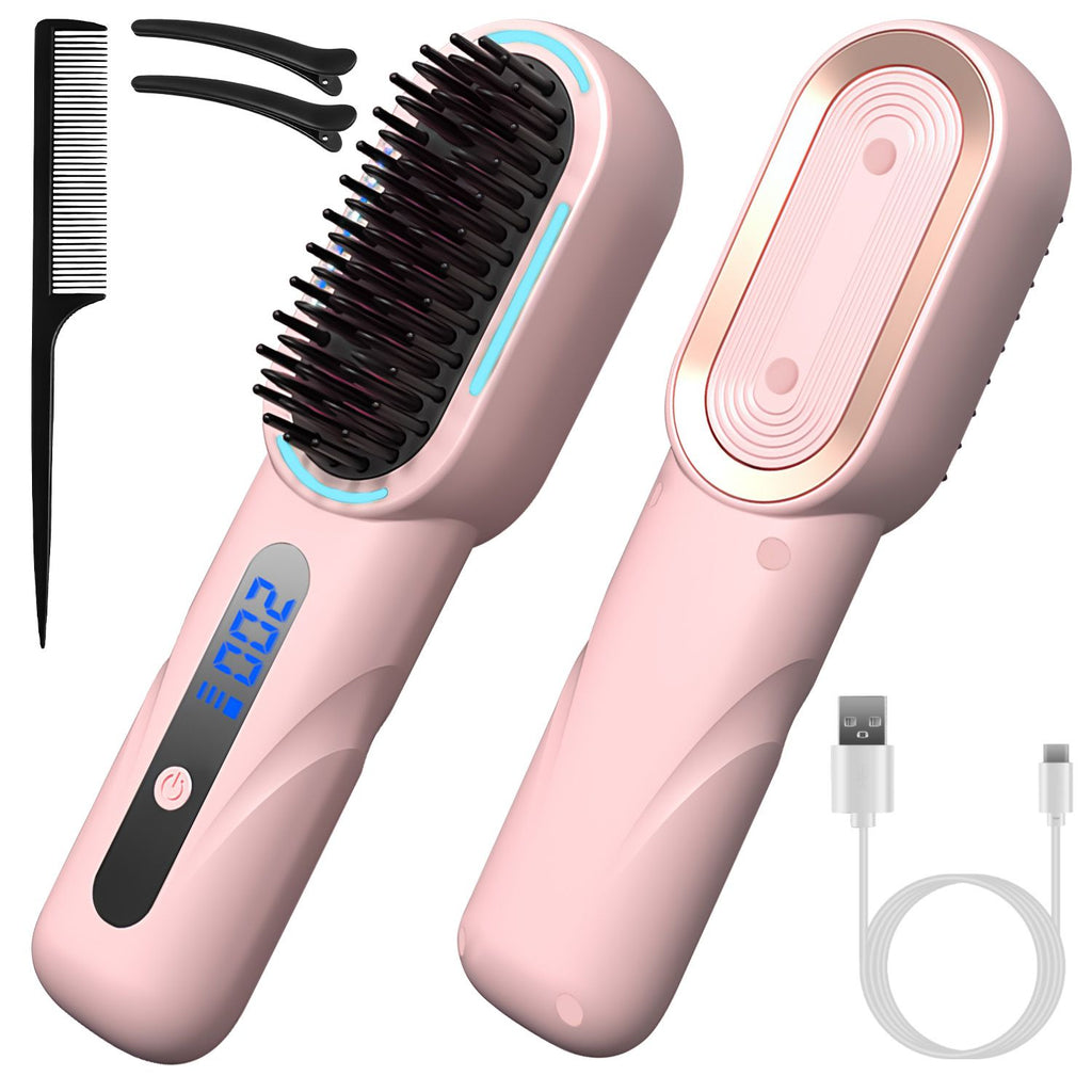 Cordless Hair Straightener Brush Rechargeable Mini Styling Comb with 4 Heating Levels Blue Light Sterilization Single press Stray Hair Removal 20Mins Auto-off