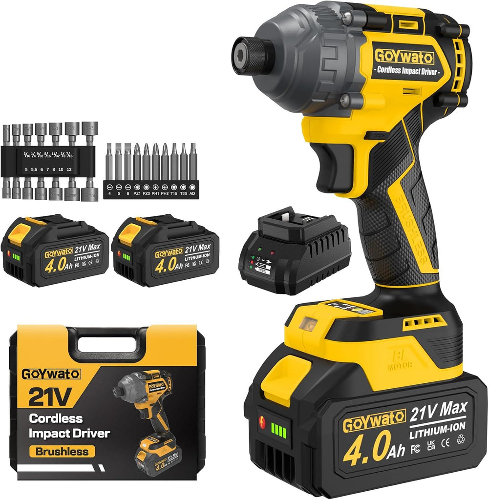 Cordless Impact Driver 2655In-lbs(300N·m) - 21V 1/4" Hex Chuck Brushless Hand Impact Driver With 2 x 4.0Ah Battery & Charger & 14 x Sockets Set & 10 x Screwdriver Bits for Home Projects & DIY