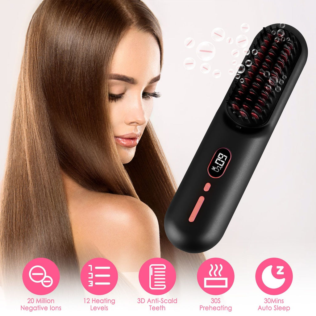 Cordless Negative Ion Hair Straightener Brush Rechargeable Mini Styling Comb with 12 Heating Levels Anti-scald 30S Preheating 30Mins Auto Sleep LCD Display