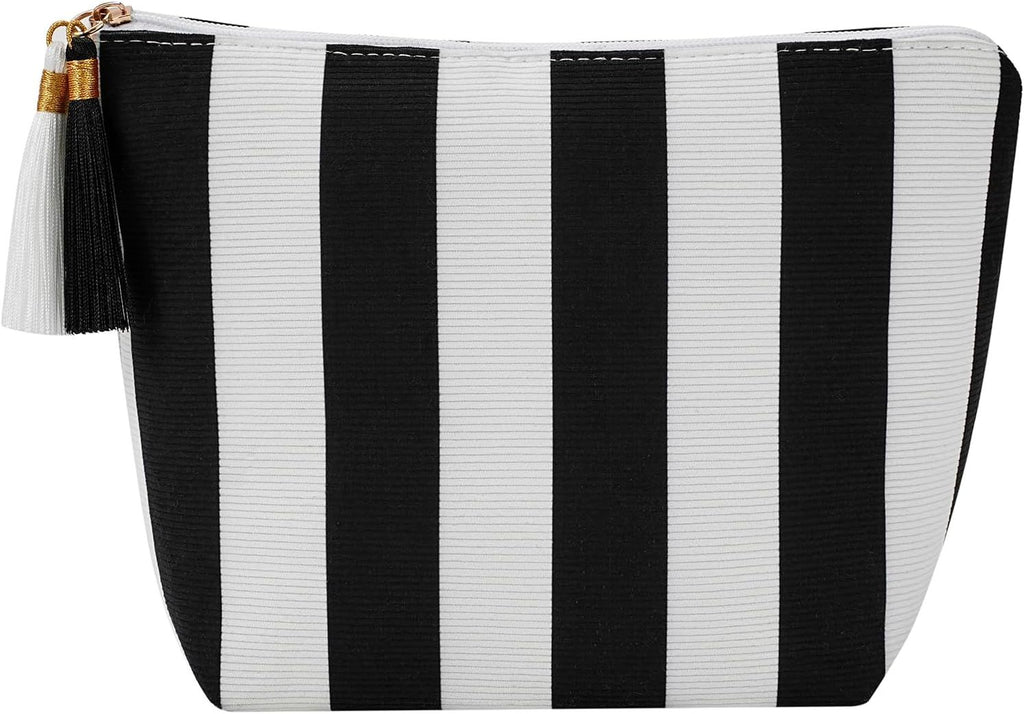 Corduroy Stripe Makeup Bag, Aesthetic Tassel Travel Cosmetic Bag with Zipper, Coquette Toiletry Bag, Girls Handbags Purses, Accessories Storage Bag for Women Girls (Black&White)