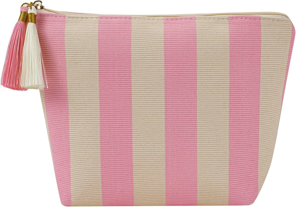 Corduroy Stripe Makeup Bag, Aesthetic Tassel Travel Cosmetic Bag with Zipper, Coquette Toiletry Bag, Girls Handbags Purses, Accessories Storage Bag for Women Girls (Pink&Beige)