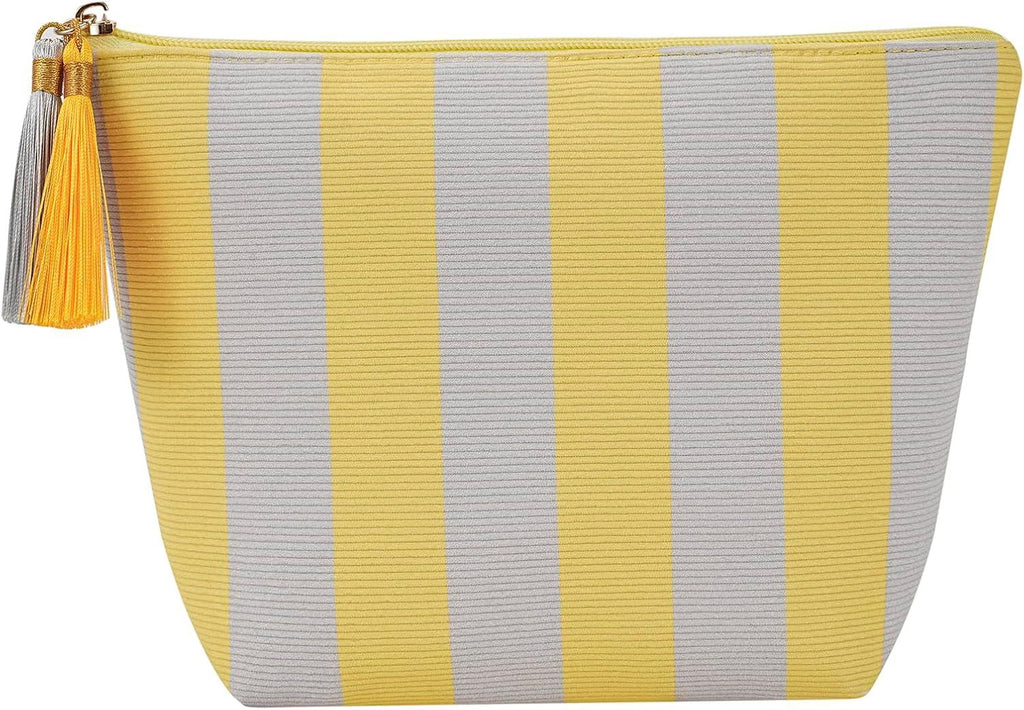 Corduroy Stripe Makeup Bag, Aesthetic Tassel Travel Cosmetic Bag with Zipper, Coquette Toiletry Bag, Girls Handbags Purses, Accessories Storage Bag for Women Girls (Yellow&Gray)