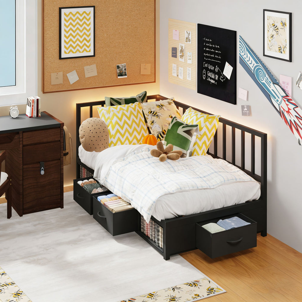 Corner Bed Frame Twin Daybed with Storage Drawers, Metal Platform Bed Frame with LED Light, Black