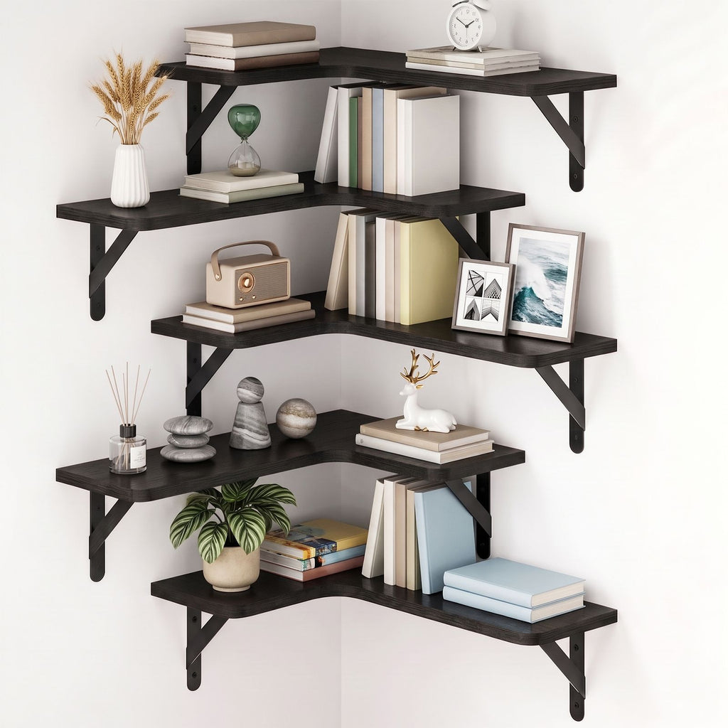 Corner Floating Shelves Set of 5, L-Shaped Paulownia Wood Wall Shelves with Black Iron Brackets, Black Corner Wall Mounted Shelf for Home Decor and Storage