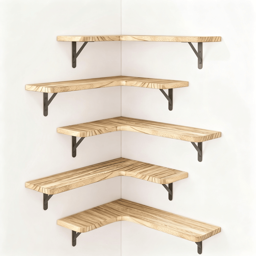 Corner Floating Shelves Set of 5, Matte Wood Finish Corner Wall Shelves with Triangle Iron Brackets, Rustic Wood Display Shelf for Bedroom, Bathroom, Living Room, Kitchen