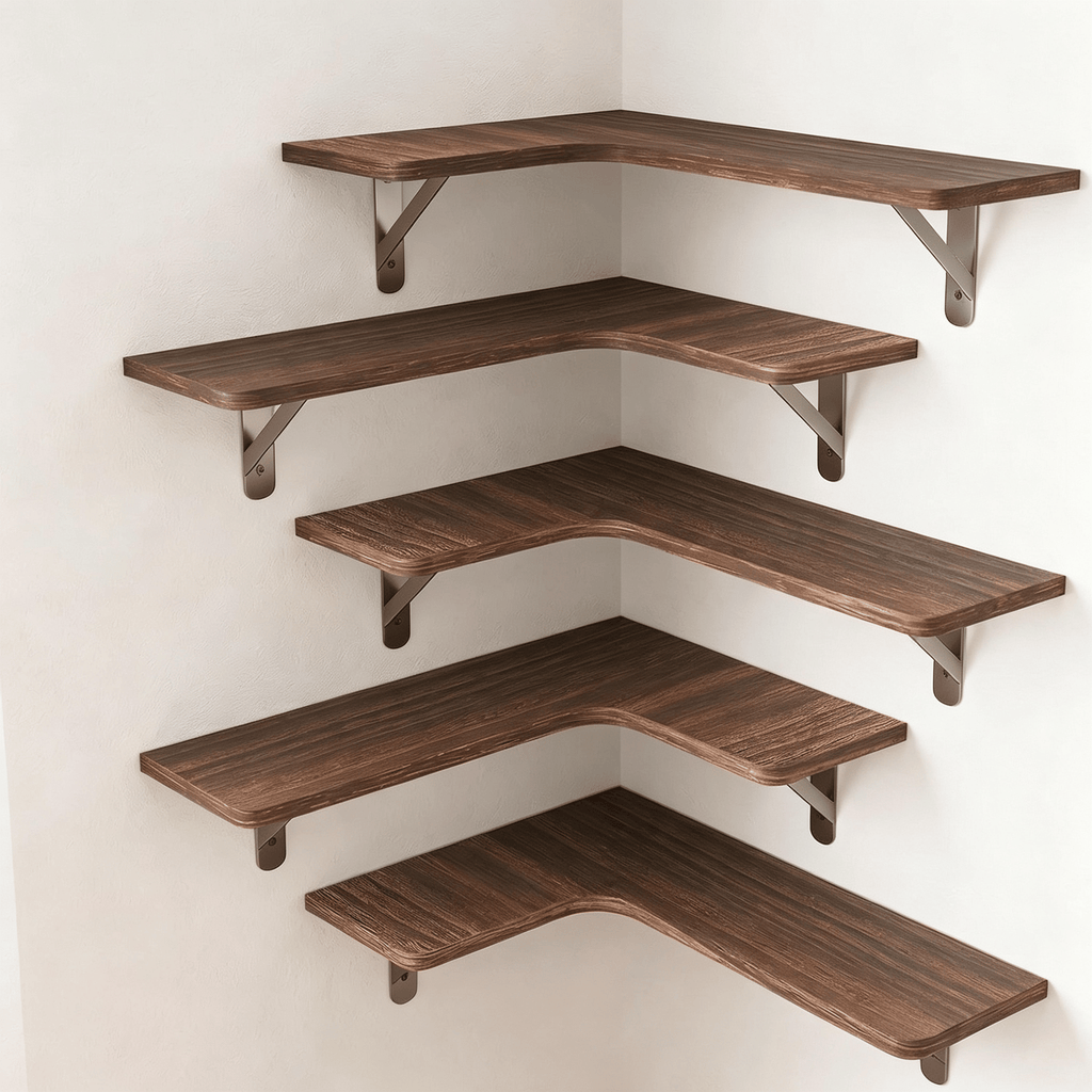 Corner Floating Shelves Set of 5, Rustic Wood Wall Shelves with Triangle Brackets, L-Shaped Corner Shelf for Bedroom Living Room Bathroom, Espresso Brown, 16.1 x 11.4 Inch