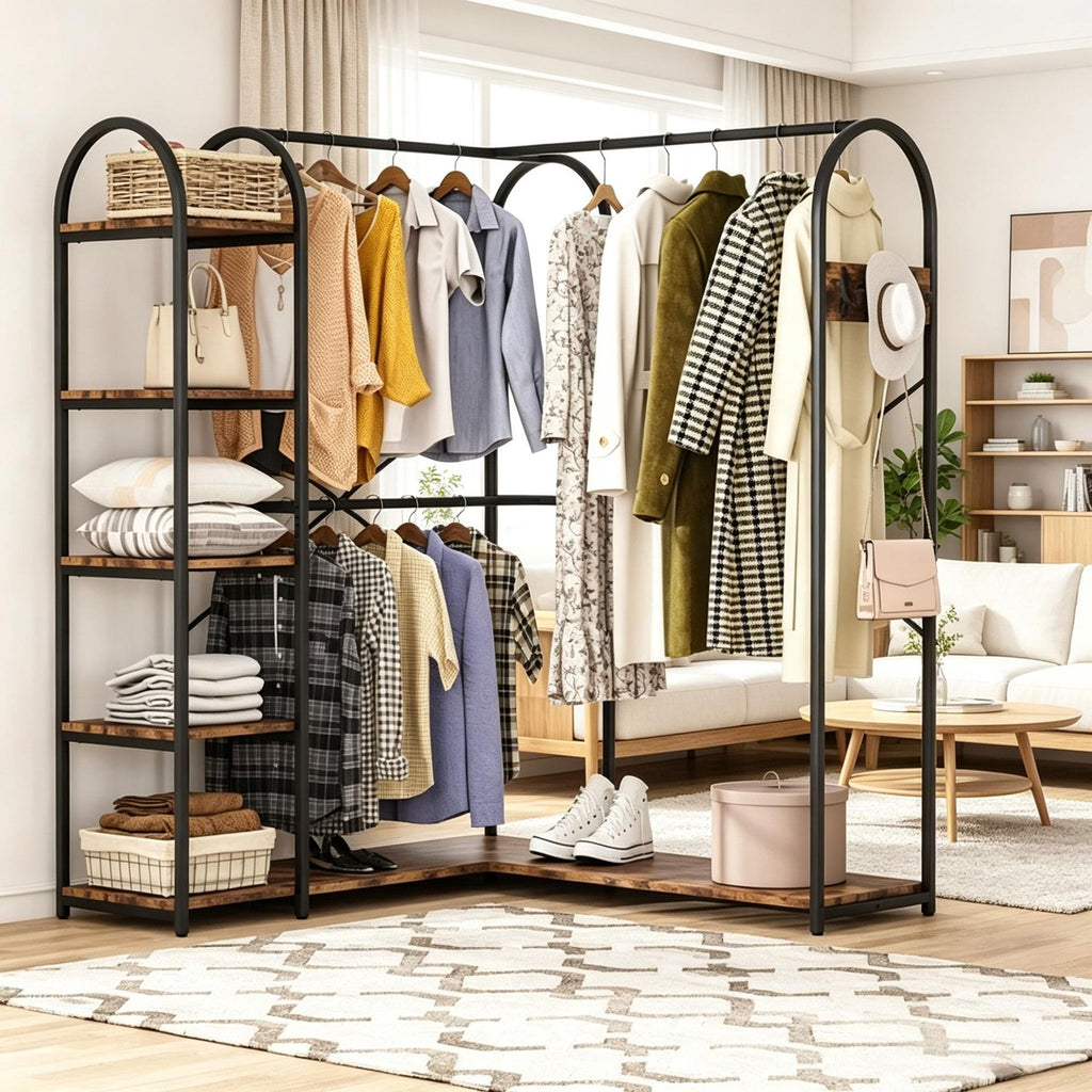 Corner L-Shaped Clothes Rack with Storage Shelves Garment Organizer for Bedroom Living Room Metal Overcoat Rack