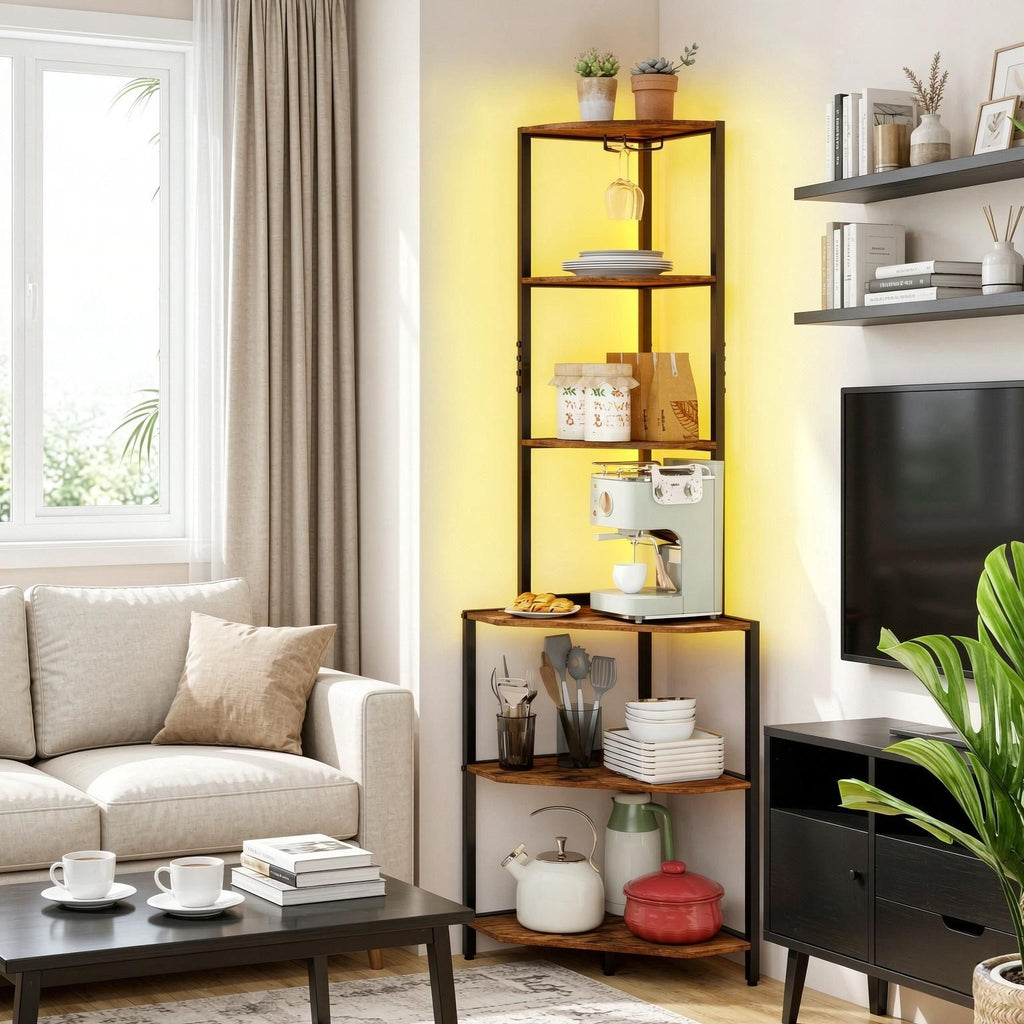 Corner Shelf with Charging Station And Ambience Light 6-Tier 65 Inch Organization Rack for Living Room Bedroom Kitchen