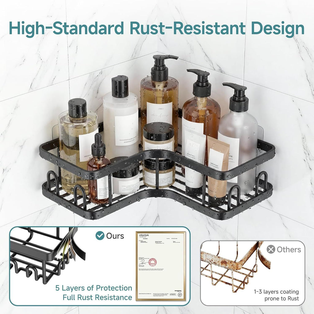 Corner Shower Caddy 5-Pack, Advanced Rustproof Design, No Drilling Adhesive Shelves, Rack with Soap Holder, Large Capacity Bathroom Organizers and Storage, Wall-Mounted Kitchen&Home Decor,Black