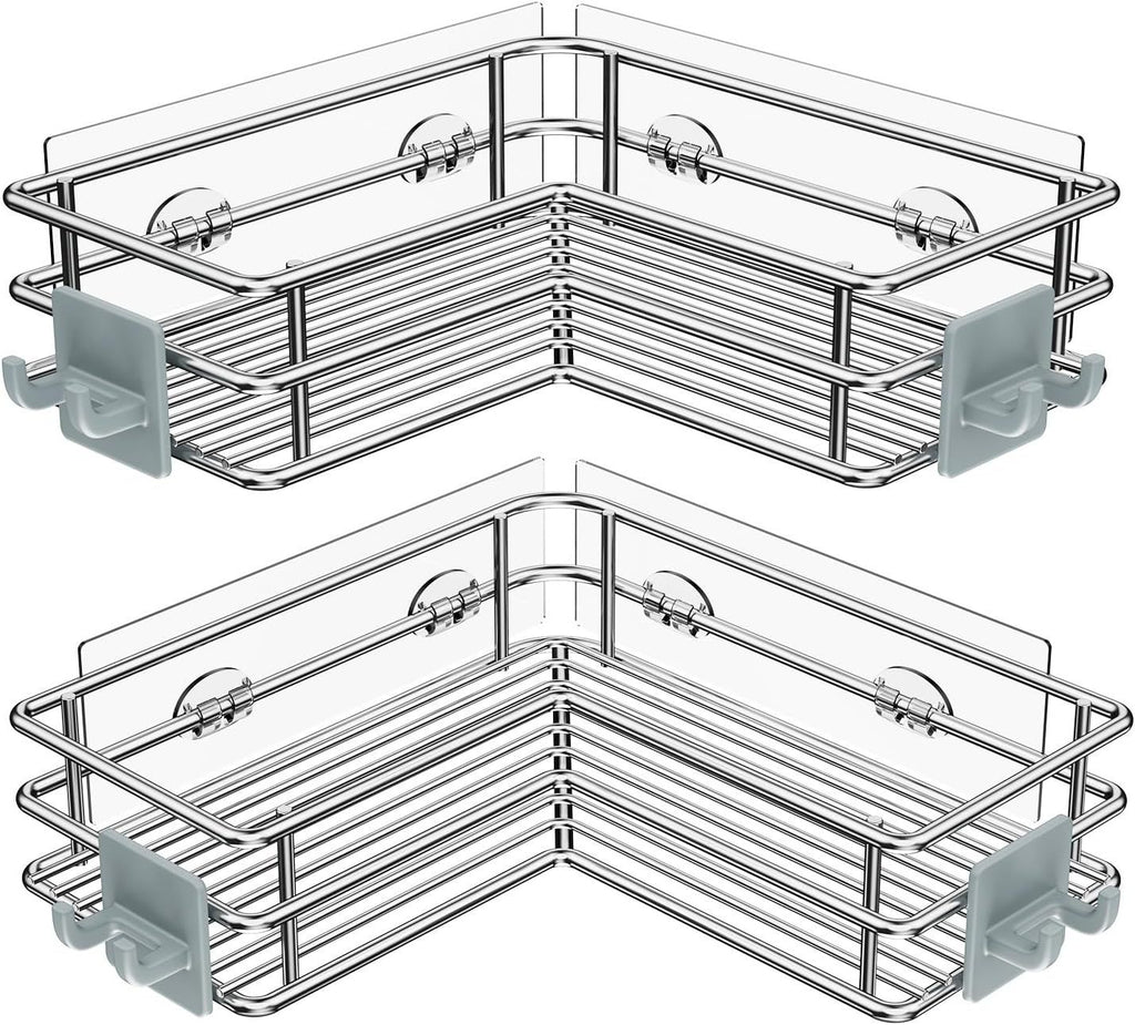 Corner Shower Shelves Stainless Steel, Adhesive Shower Caddy Basket Rack with Hooks, Rust Proof for Bathroom Shelf Shampoo Holder (Silver, 2 Pack)