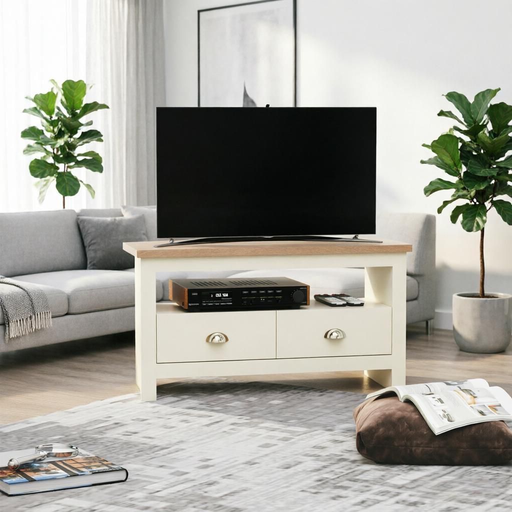 Corner TV Stand up to 50' with Drawers And Open Storage Compartmen White Entertainment Center TV Console Table