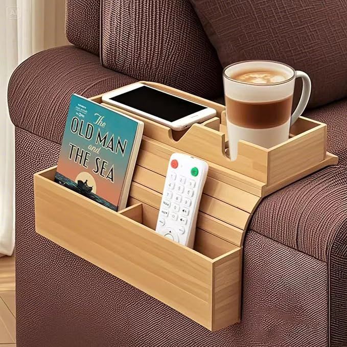 Couch Arm Tray, 3-in-1 Detachable Couch Cup Holder, Bamboo Sofa Armrest Table with Anti-Slip Pad, Sofa Armrest Tray Table
