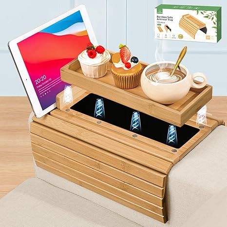 Couch Arm Tray, 3-in-1 Magnetic Detachable Sofa Arm Table with Phone and Tablet Holder Bamboo Couch Cup Holder, Foldable Sofa Armrest Tray for Eating, Drinks, Phones (Natural)