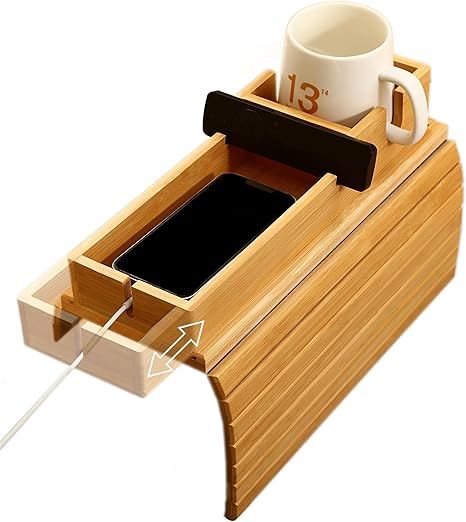 Couch Arm Tray with Detachable Cup Holder, 2 in 1 Foldable Anti-Falling Design for Cups, Snacks, Remote, Cellphone