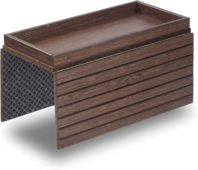 Couch Arm Tray with Spacious 12.4" x 5.4" Storage Box, Brown-Stained Bamboo Finish, Enhanced Non-Slip Felt Bottom, Sturdy Bamboo Slats, Fits Armrests 6" and Wider