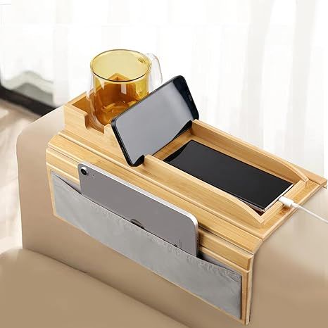 Couch Cup Holder Tray 4 in 1 Couch armrest Table with Side Storage Pocket Couch arm Tray Anti-Slip, Bamboo Couch Table for Drinks, Snacks, Cup, Remote and Phone for Most Armrests on Couches