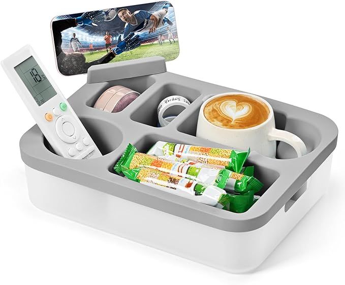 Couch Cup Holder Tray with Rotating Phone Stand & Anti-Spill Design, Silicone Sofa Caddy for Drinks, Remote, Snacks (Dark Grey, 11.8"x 9.05")