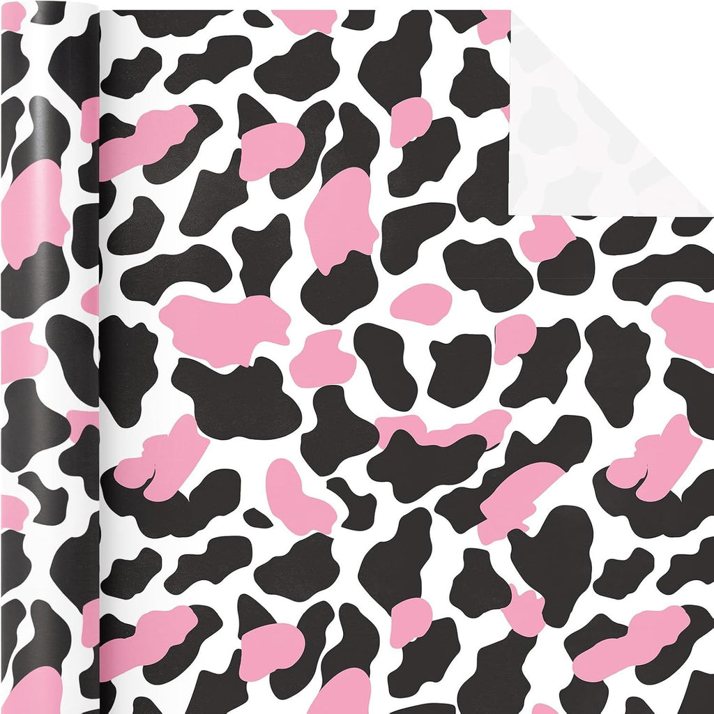 Cow Baby Shower Wrapping Paper Roll - Mini Roll - 17 Inch x 16.5 Feet - Pink and Black Cow Print Wrapping Paper,