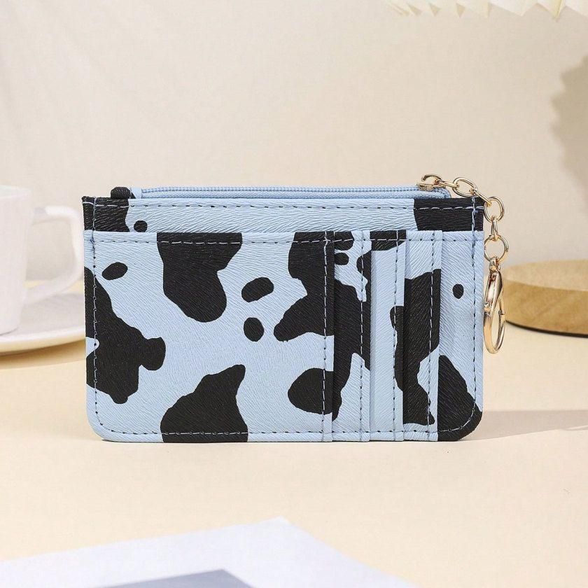 Cow Print Multi-card Slots Card Holder for Women, Compact Zipper Coin Purse, Portable Keychain Card Storage Pouch Inspired by Ins Style
