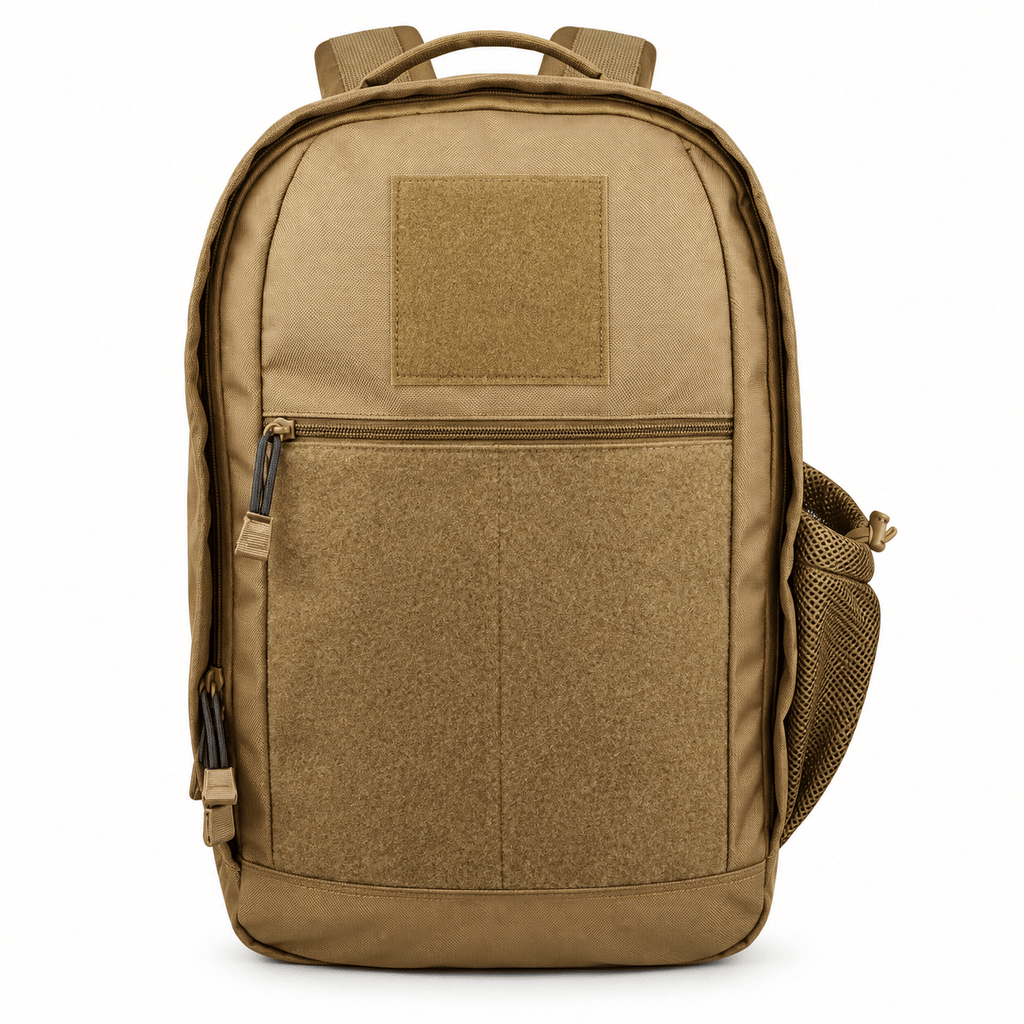 Coyote Tan Backpack with Front Zip Pocket, Patch Panels & Side Mesh Pocket