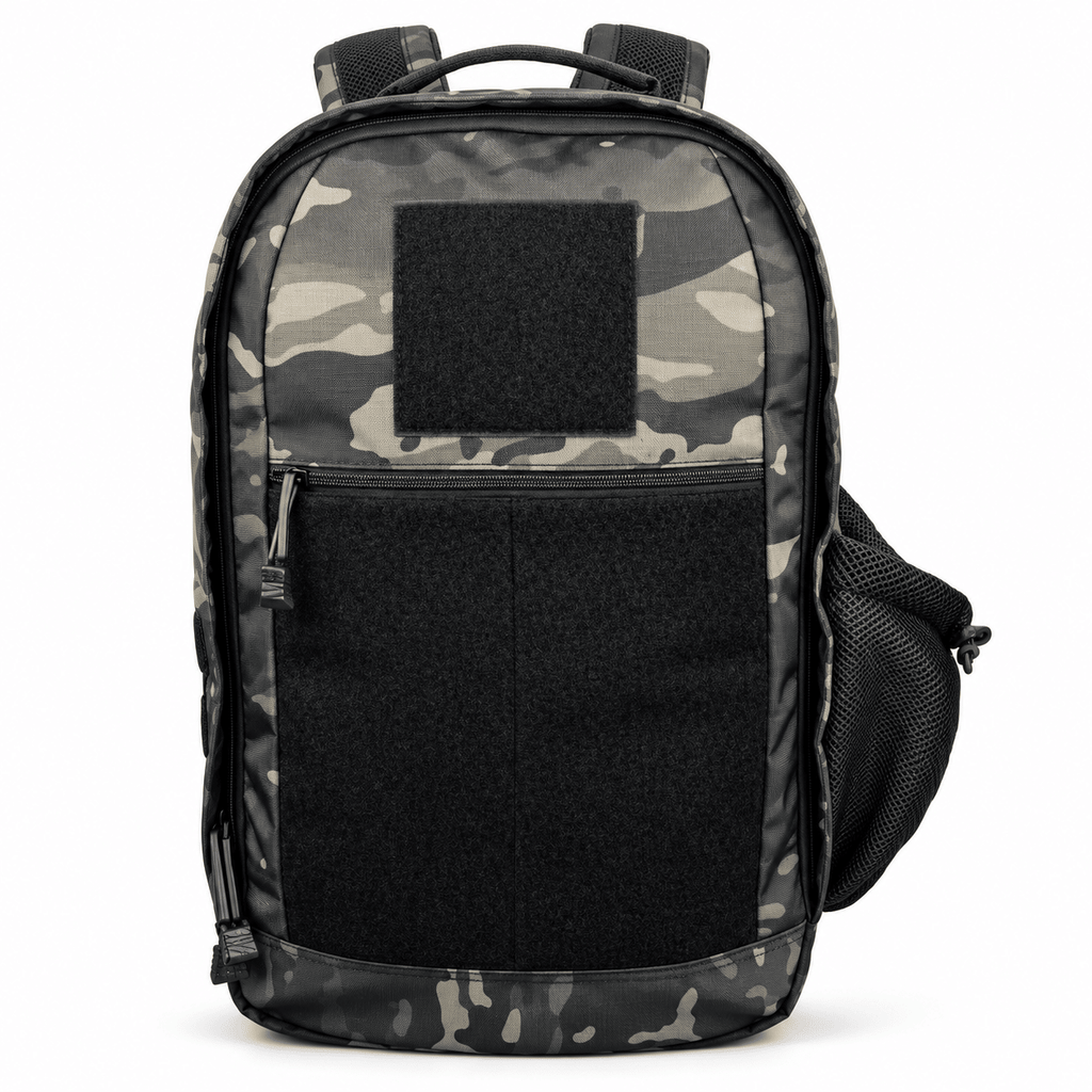 Coyote Tan Backpack with Front Zip Pocket, Patch Panels & Side Mesh Pocket