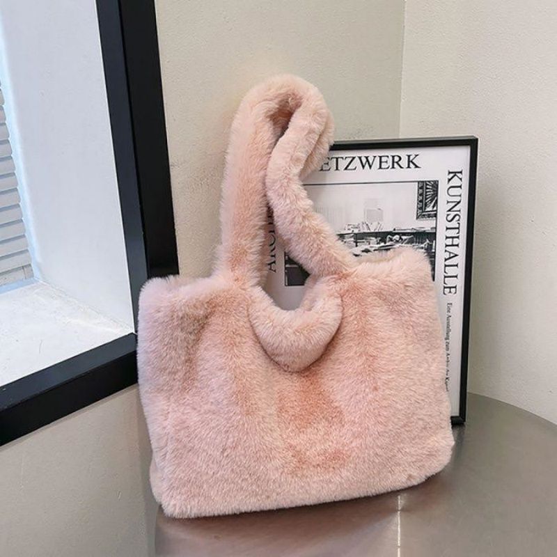 Cozy Fluffy Fur Large Storage Tote Bag, Soft Wide Handle Plush Handbag for Casual Street Style