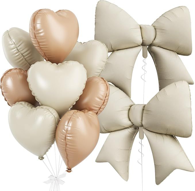 Cream Heart Balloons, Bow Party Decorations with 10Pcs 18 Inch Beige Heart Shaped Balloon, 38 Inch Helium Cream Bow Balloon for Birthday Valentines Engagement Baby Shower Bridal Wedding Party Decor