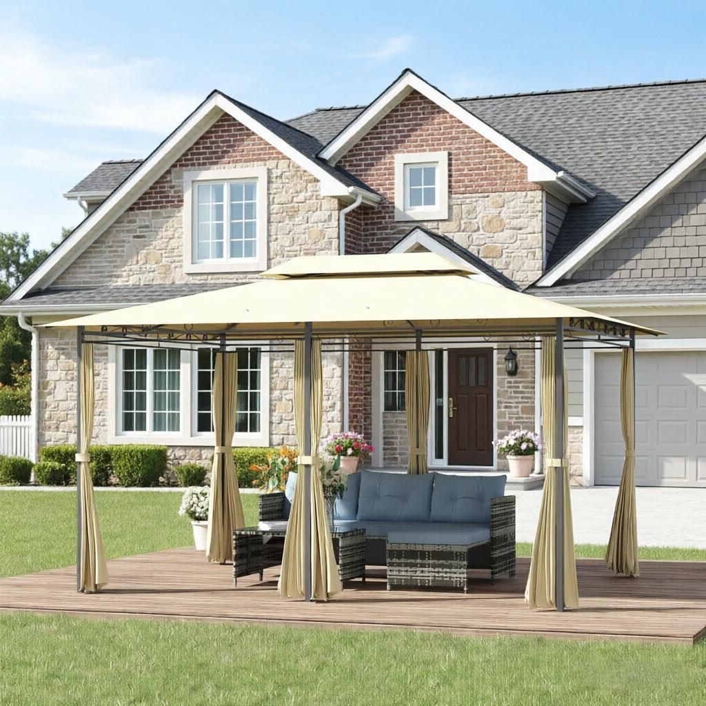 Cream White 10' X 13' Patio Gazebo with Curtains Vented Roof Steel Frame for Garden Lawn Backyard Deck Outdoor Canopy Shelter