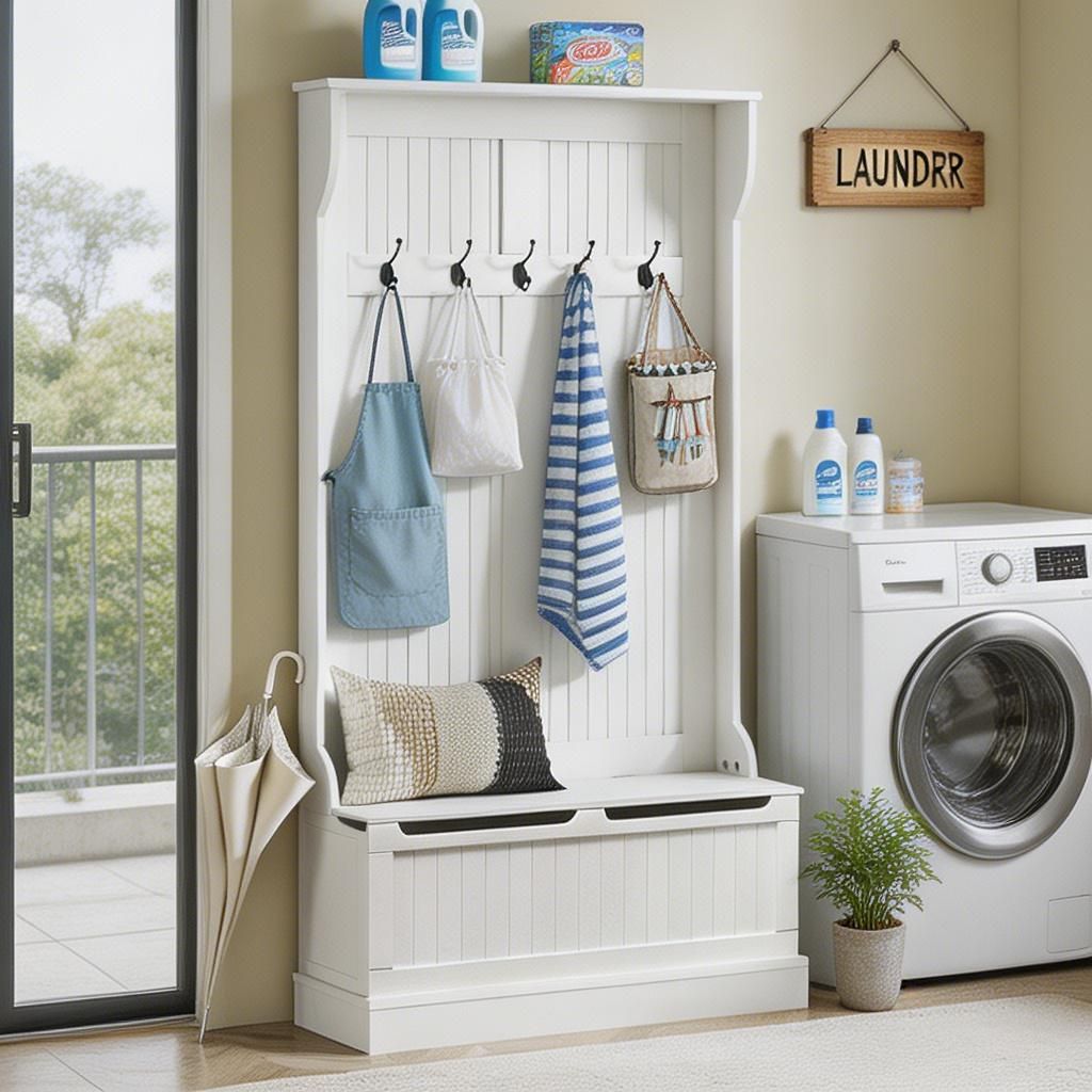 Cream White 3-In-1 Entryway Bench with Coat Rack Hall Tree with Bench And Shoe Storage 5 Hooks for Hallway