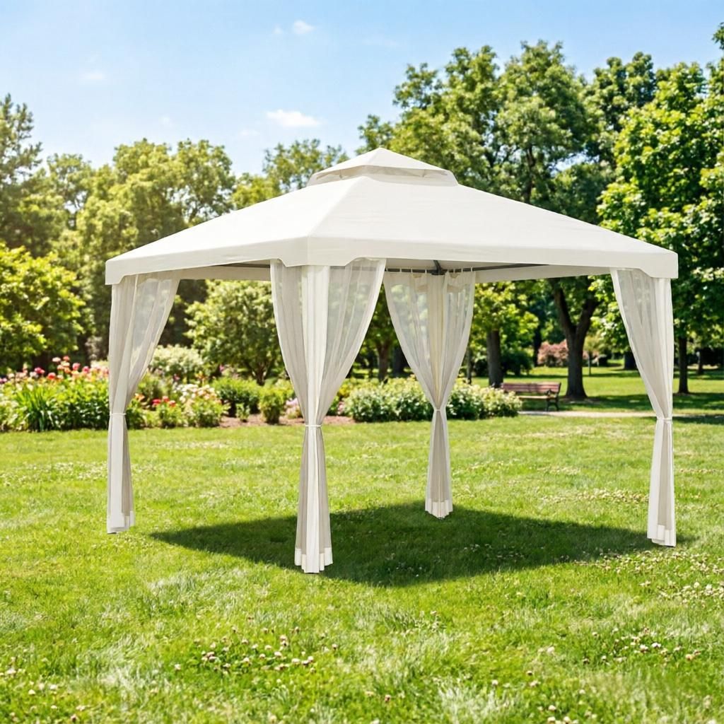 Cream White 9.6' X 9.6' Patio Gazebo Outdoor Canopy Shelter with 2-Tier Roof And Insect Netting Steel Frame for Garden Lawn Backyard Deck