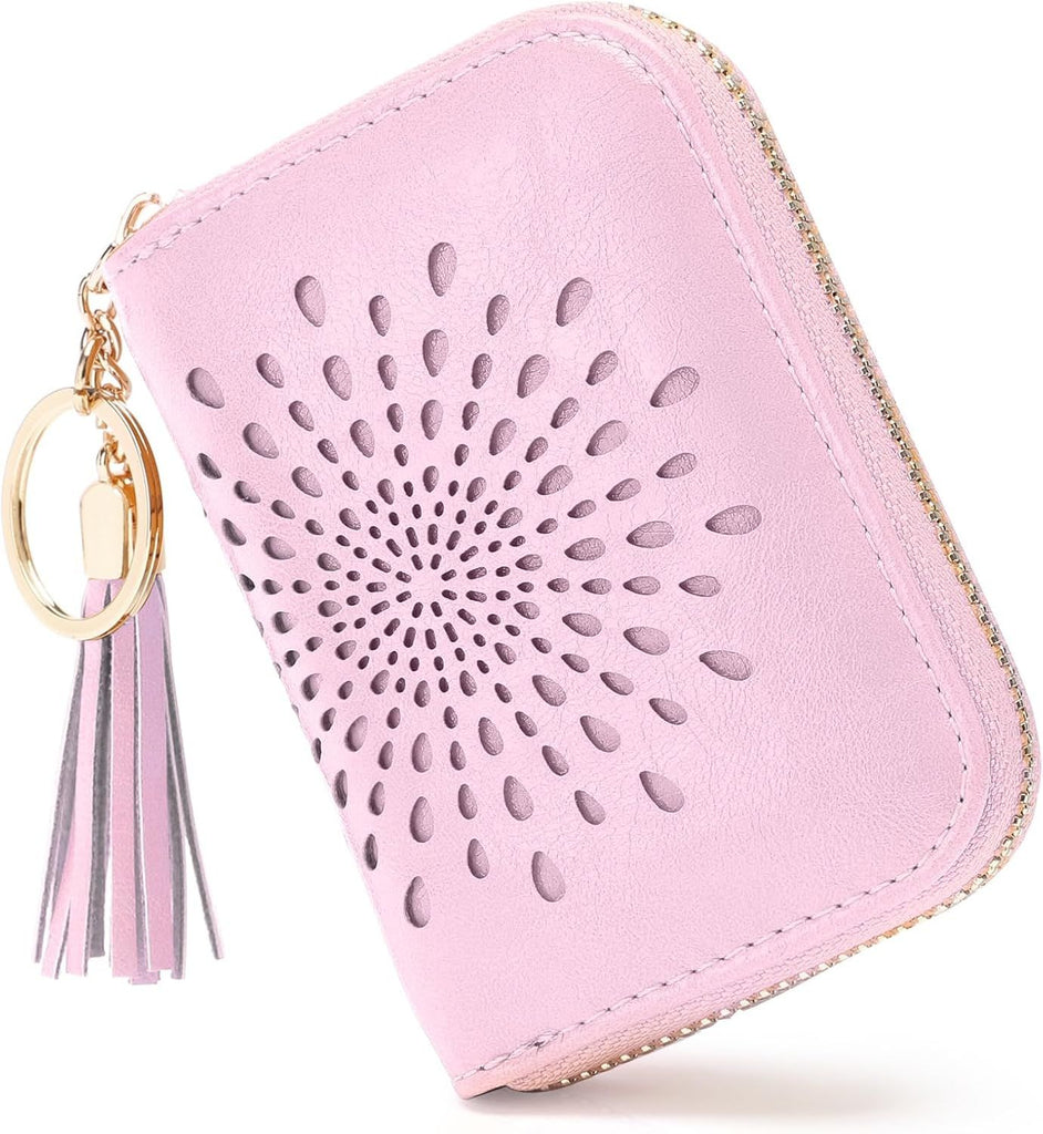 Credit Card Holder Zipper Card Case Keychain Small Wallet for Women 1927 PINK