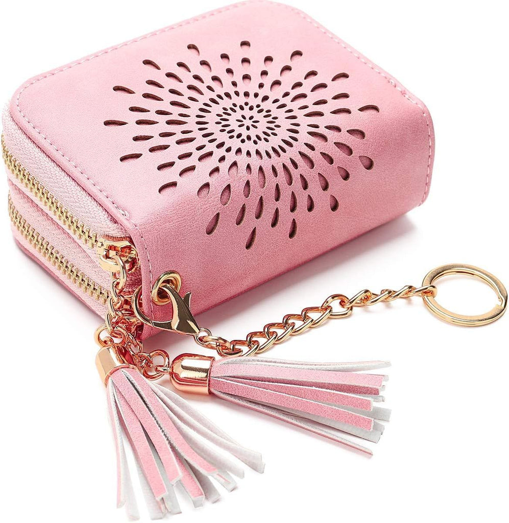 Credit Card Holder Zipper Card Case Keychain Small Wallet for Women 1927 PINK