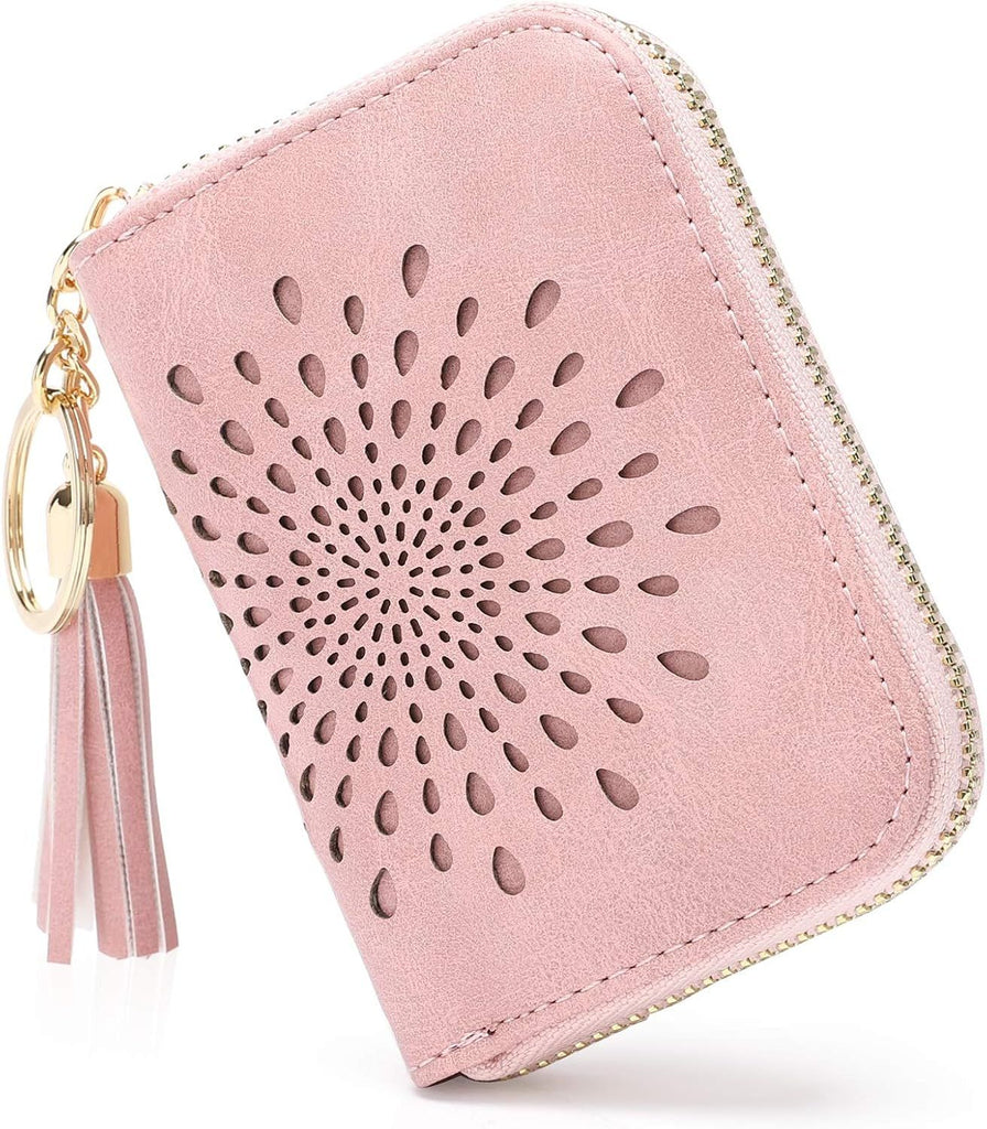 Credit Card Holder Zipper Card Case Keychain Small Wallet for Women 1927 PINK