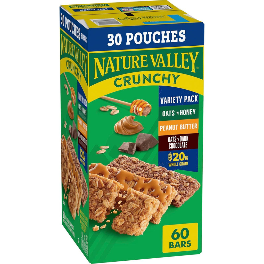 Crunchy Granola Bars Bulk Variety Pack, Oats 'n Honey, Peanut Butter & Oats 'n Dark Chocolate, 30 Two-Bar Wrapped Pouches (60 Bars Total), Whole Grain, No Artificial Flavors, 44.7 OZ