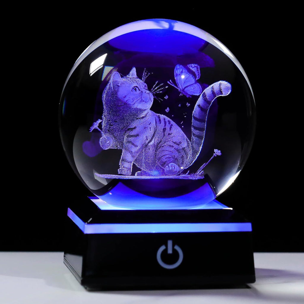 Crystal Ball - 3D Laser Cat Decor Glass Animals Red Bird Figurines Statue & Night Light